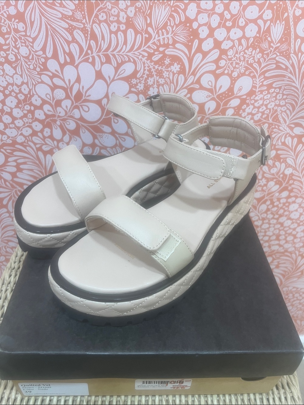 All Black Quilted Vel Women’s Cream Platform Sandals with Adjustable Ankle Strap